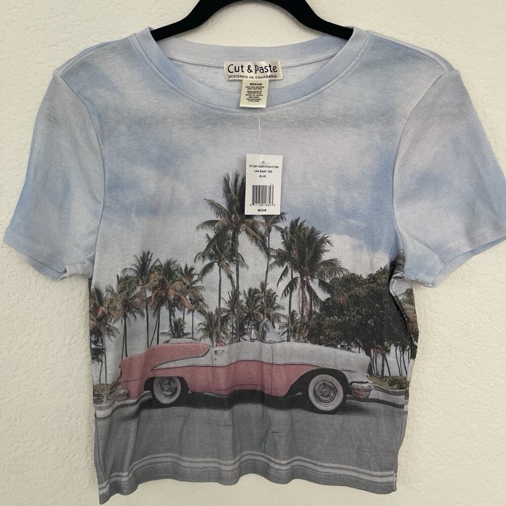 Women's S Blue Beach Graphic Palm Tree Car Crew Neck Crop T-Shirt Size Medium